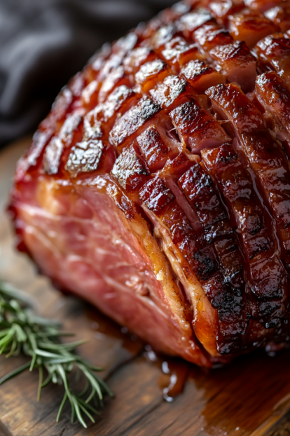 caramelized edges of the scored ham