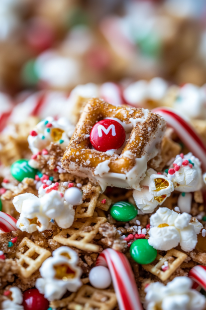 close up of christmas crunch in a bowl