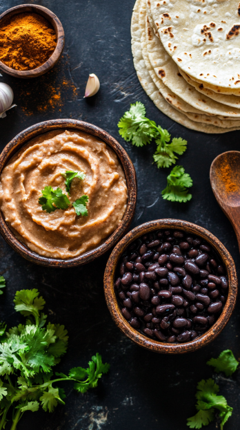 creamy refried beans and whole black beans