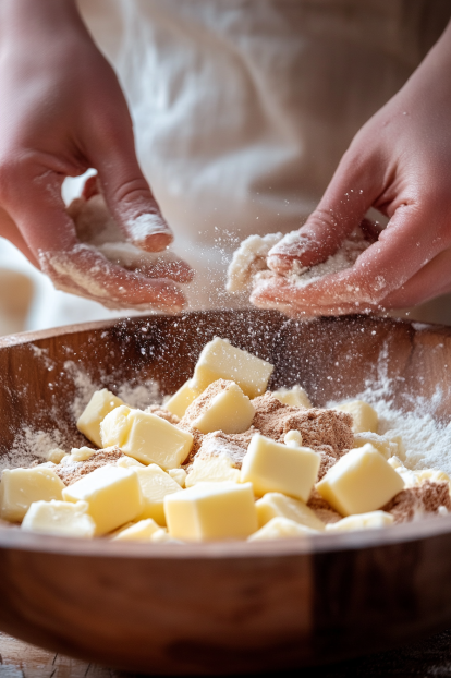 crumbling cold butter cubes with brown sugar, flour, and a sprinkle of cinnamon in a wooden bowl