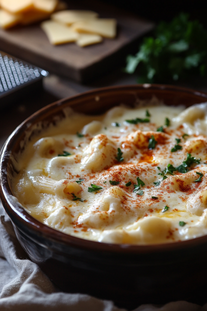 flourless mac and cheese in a rustic bowl