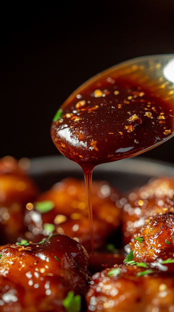 glossy homemade tonkatsu sauce drizzling from a spoon into a small dipping dish