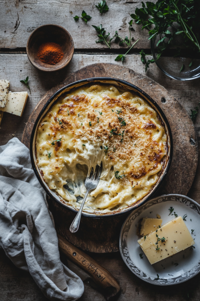 large casserole dish of baked mac and cheese without flour