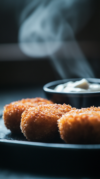 macro image of three Japanese sweet potato croquettes lined up