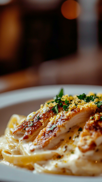 macro shot of a creamy chicken Alfredo dish plated