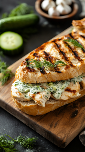 sandwich on a wooden cutting board, layered with grilled chicken, fresh greens, and tzatziki sauce