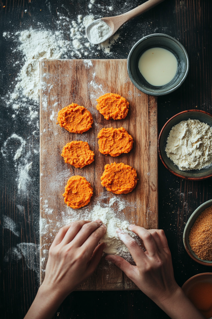 shaping sweet potato mash into small oval patties on a wooden cutting board