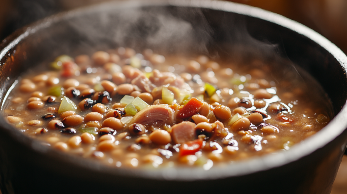 simmering black-eyed peas in a rustic cast-iron pot