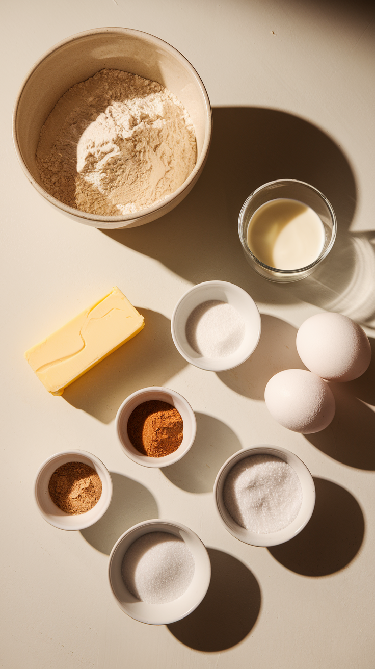 sour cream in a small glass cup, softened butter, brown sugar, cinnamon, granulated sugar, and eggs, each placed in separate dishes