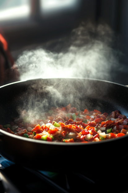 sturdy pot on medium heat, showing sizzling bacon, diced onions, bell peppers, and chopped roasted poblano pepper