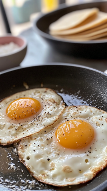 two sunny-side-up eggs frying in a black nonstick skillet