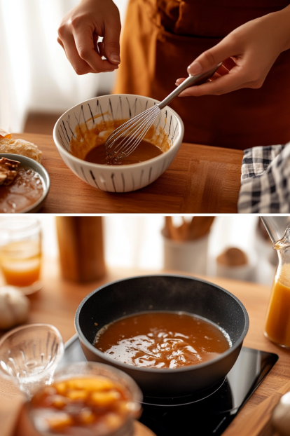 whisking tonkatsu sauce in a small bowl