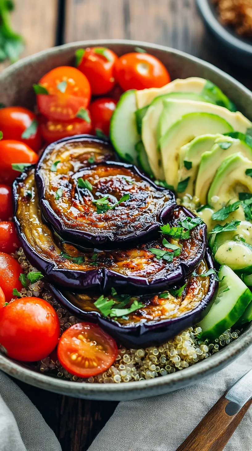 Buddha bowl centered around roasted aubergine