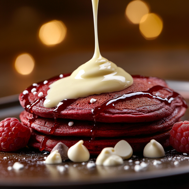 Fluffy red velvet pancakes stacked high, drizzled with cream cheese glaze and white chocolate buttermilk syrup, garnished with fresh raspberries.