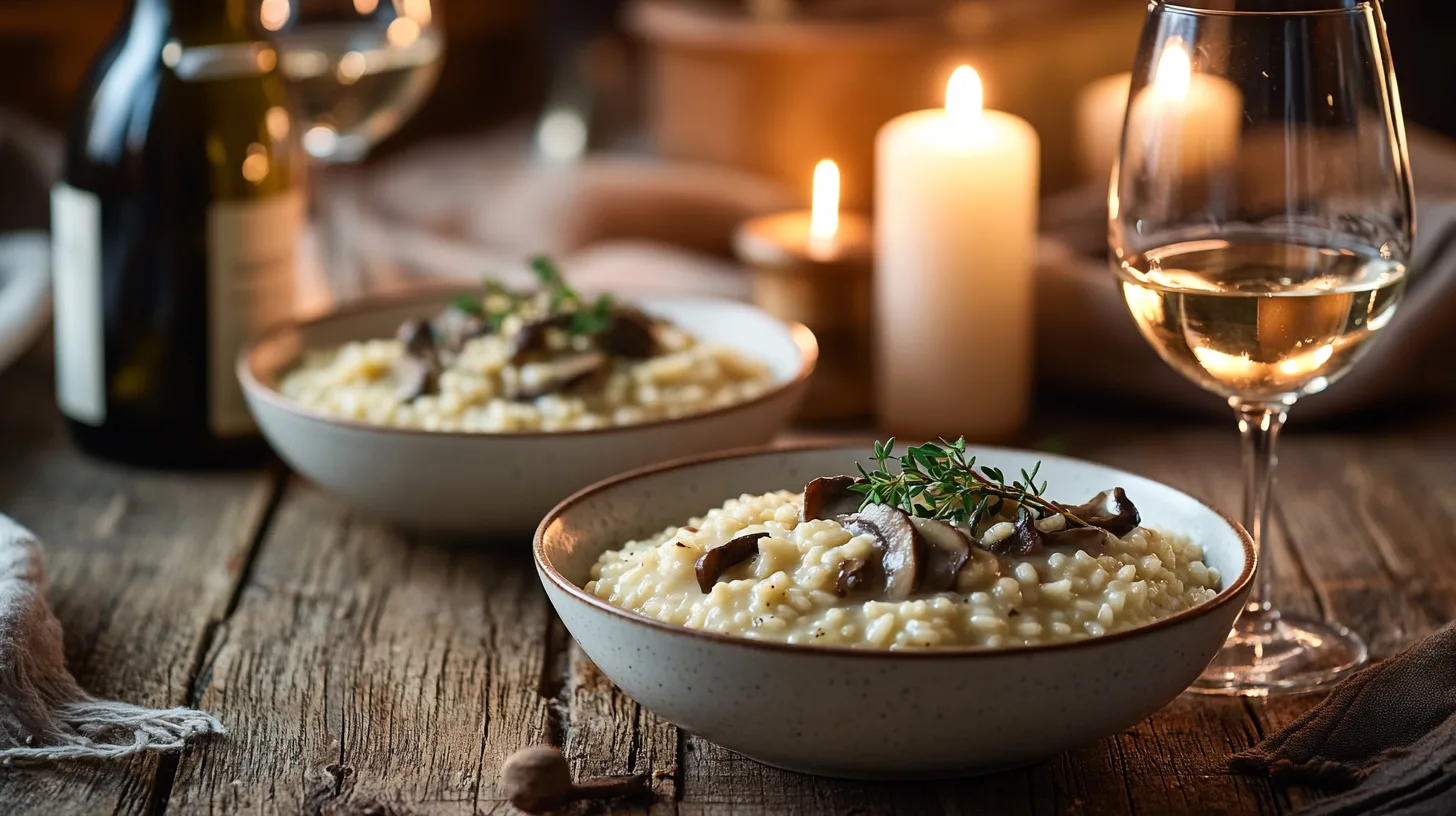 Two bowls of creamy mushroom risotto