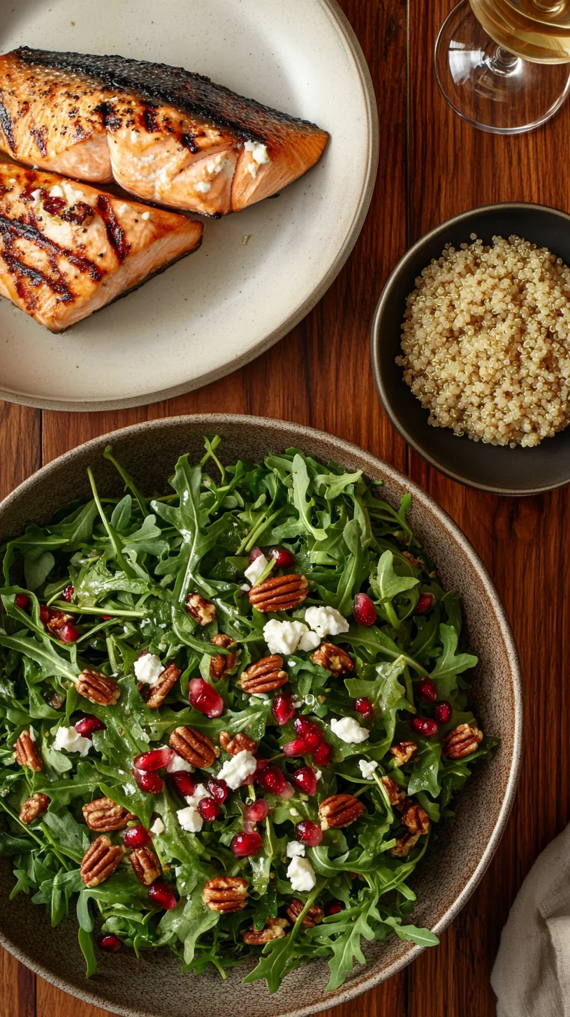 arugula salad with pomegranate, feta, and candied pecans