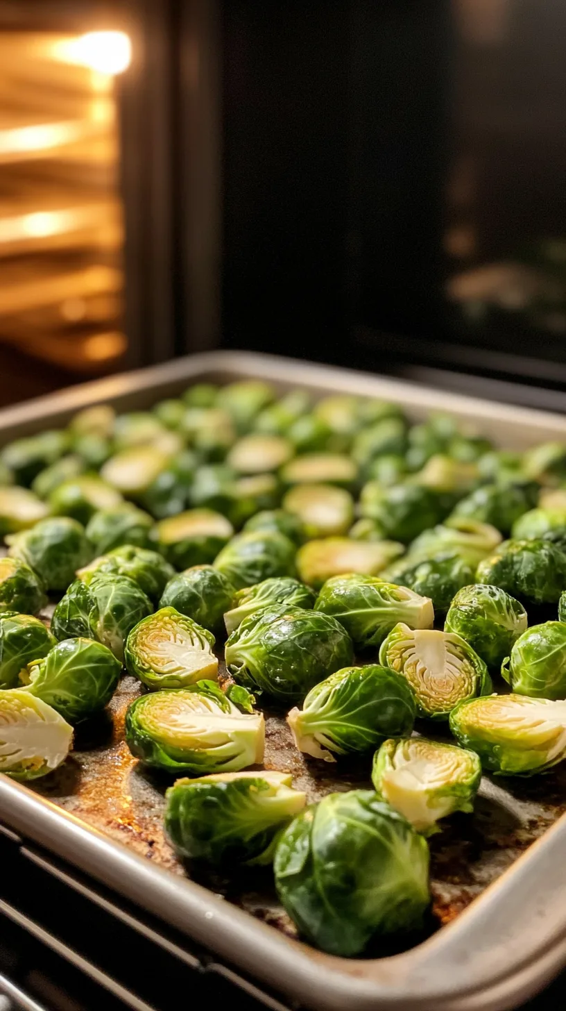 baking sheet filled with Brussels sprouts, ready to go into the oven