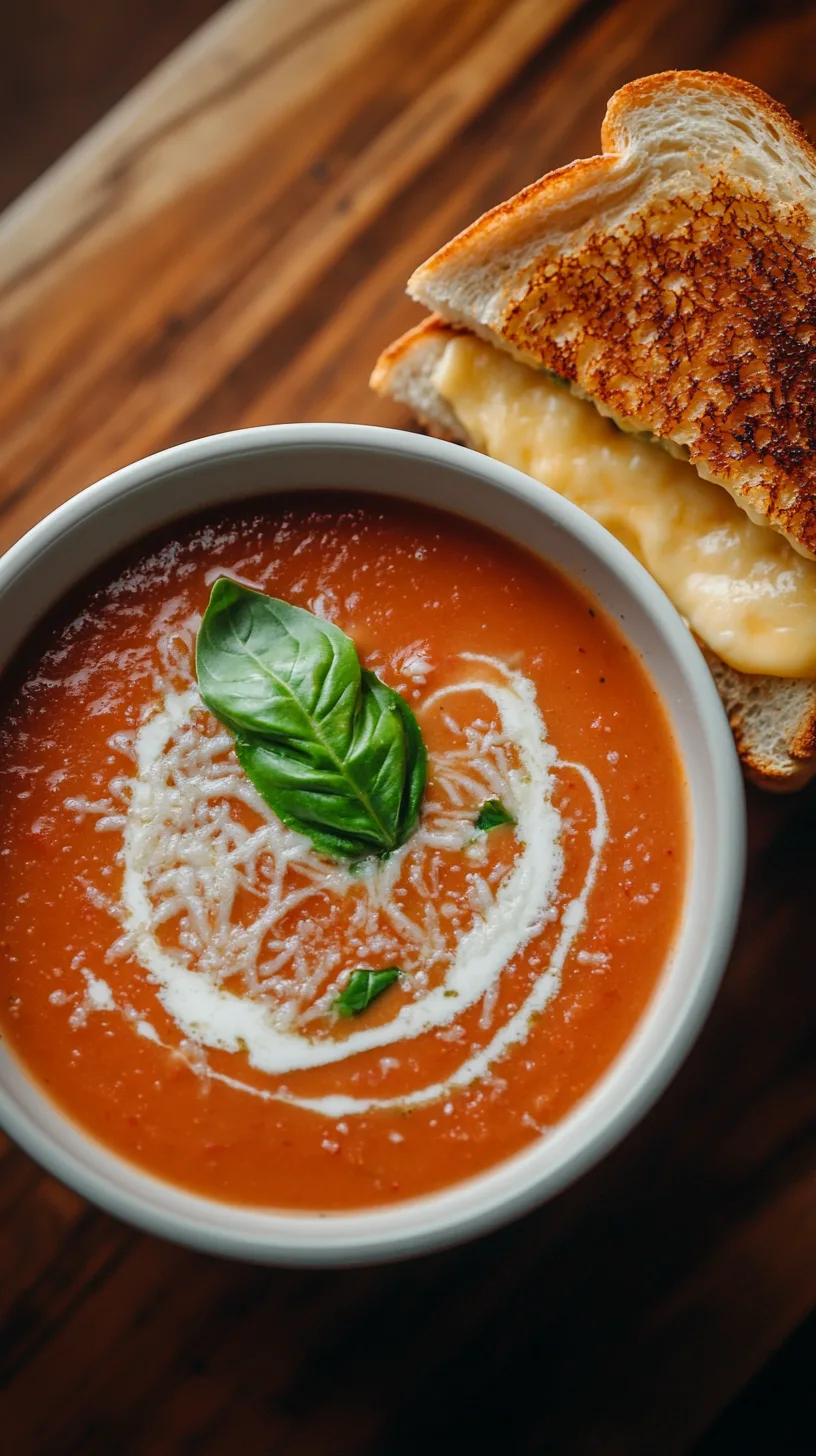 bowl of creamy tomato basil soup with grilled cheese sandwich