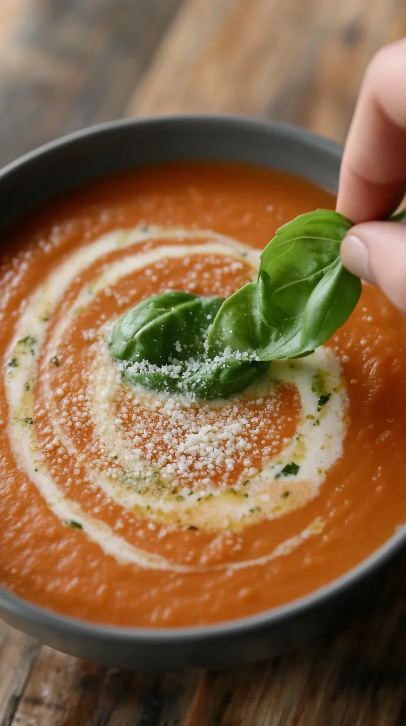 carefully placing a fresh basil leaf on top of a bowl of creamy tomato basil soup