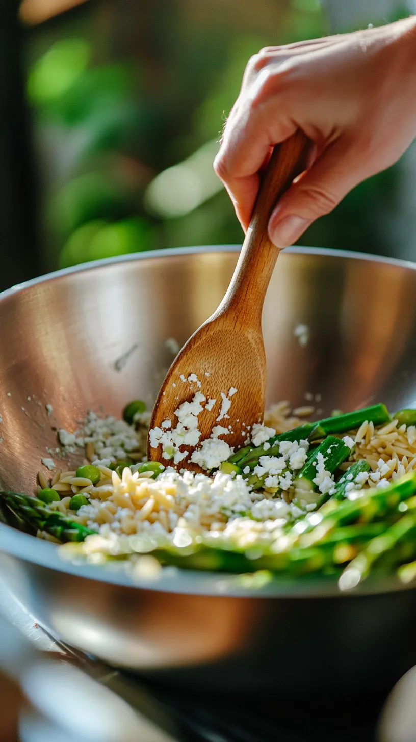 carefully tossing cooked orzo pasta