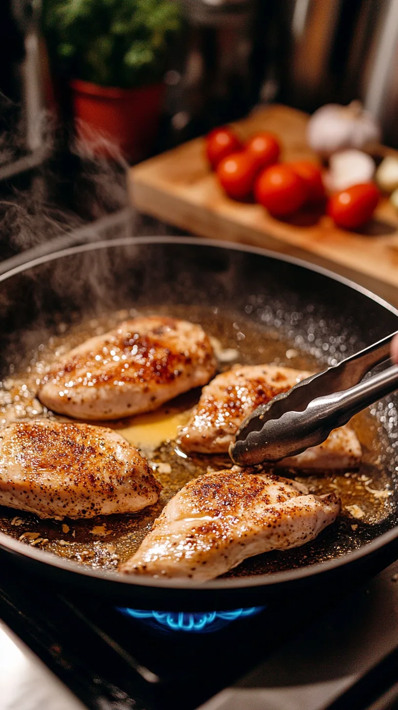 chicken breasts sizzling in a stainless steel skillet