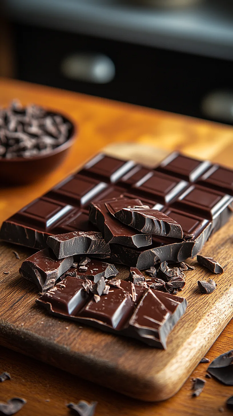 chocolate pieces on a rustic wooden cutting board
