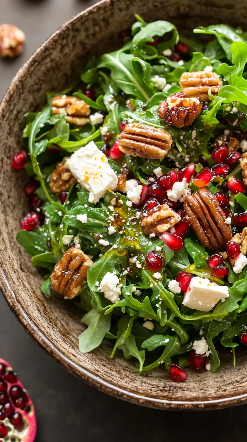 colorful arugula salad in a rustic ceramic bowl
