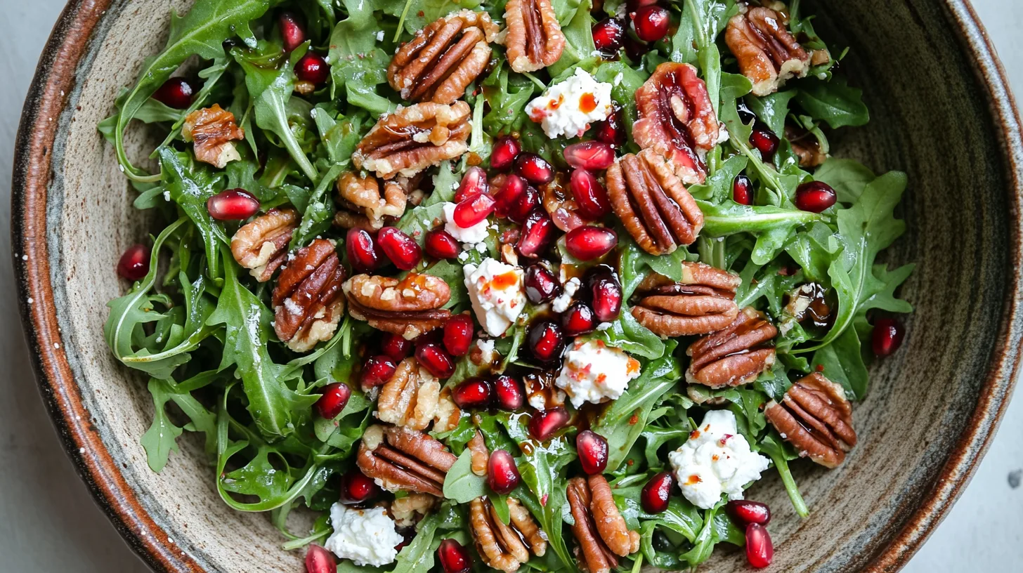colorful arugula salad with pomagranate and feta