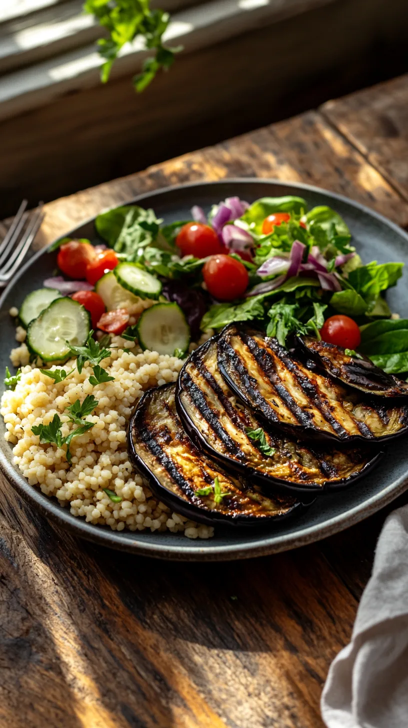 complete meal featuring a main dish of roasted aubergine with a side of fluffy couscous and a fresh, colorful salad