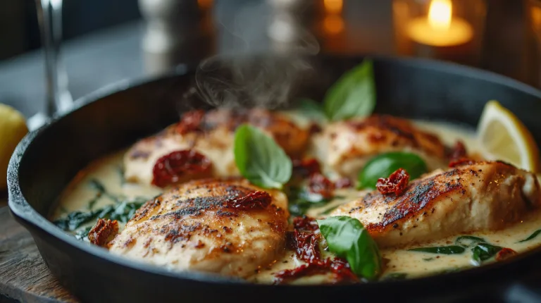creamy Tuscan chicken in a cast iron skillet