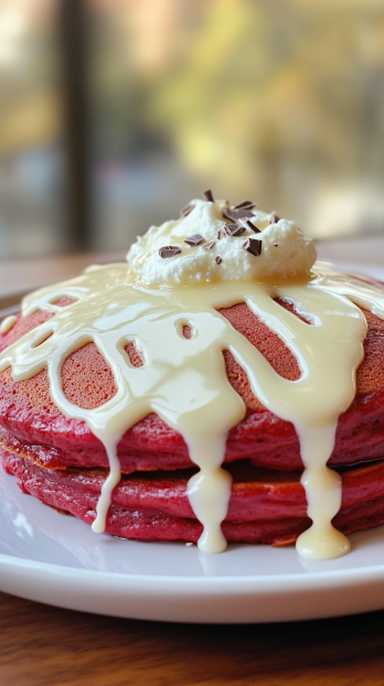 delicious red velvet pancake on a simple, everyday plate