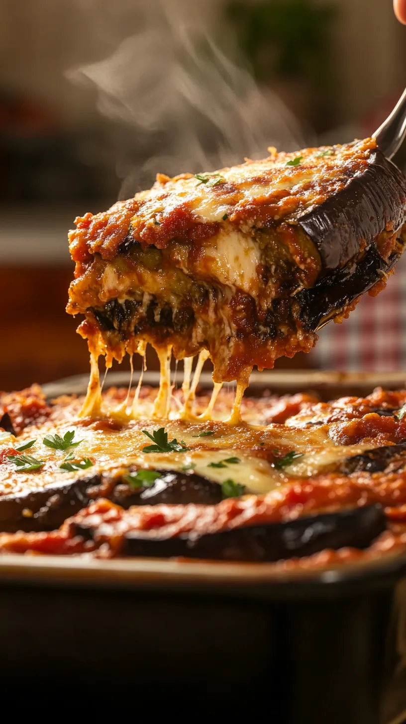 eggplant parmesan being lifted from a baking dish with a spatula