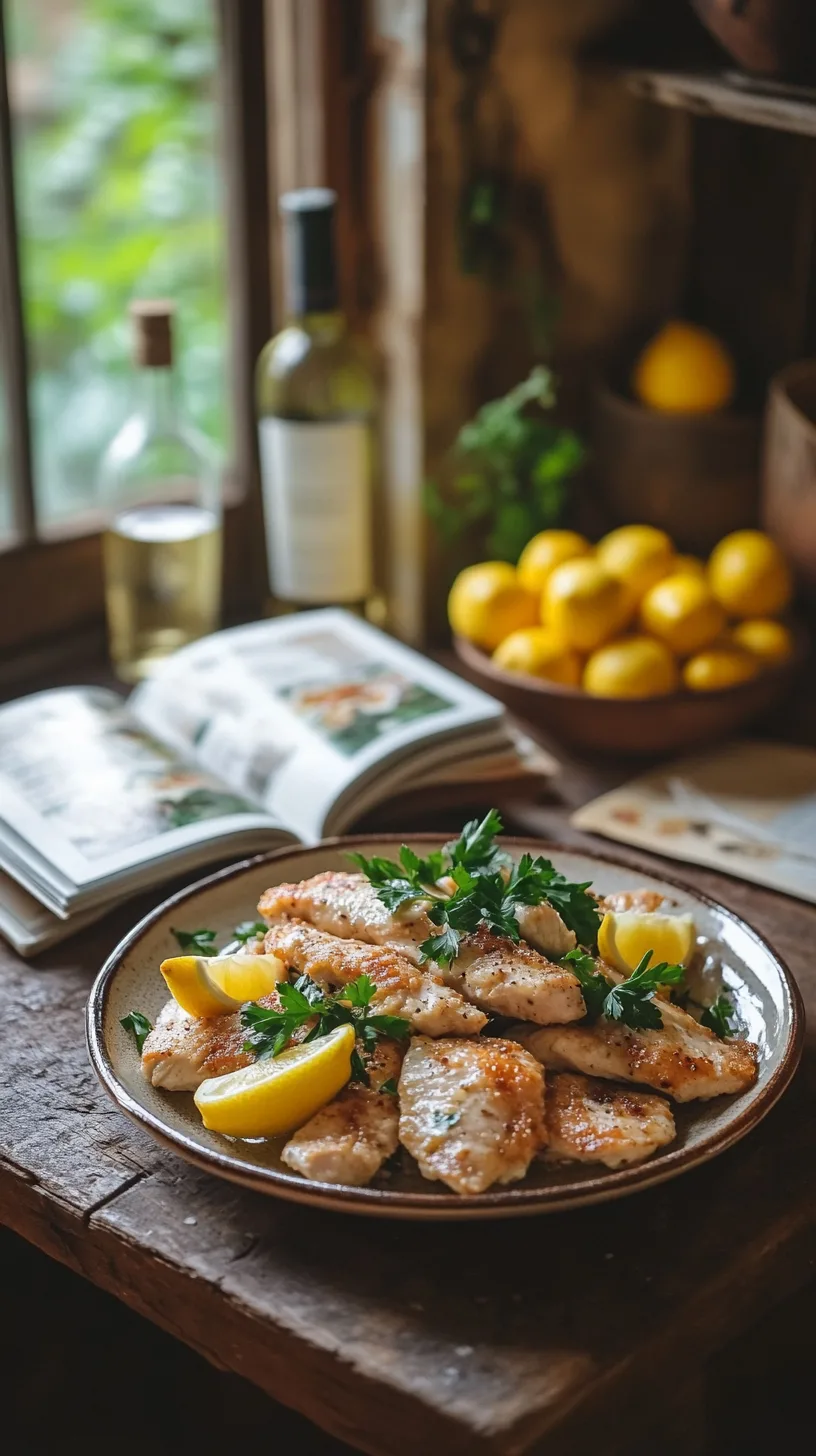 freshly made chicken piccata garnished with parsley and lemon wedges
