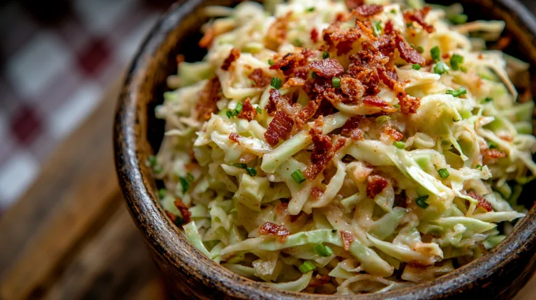 generous serving of hot slaw in a rustic, slightly worn ceramic bowl