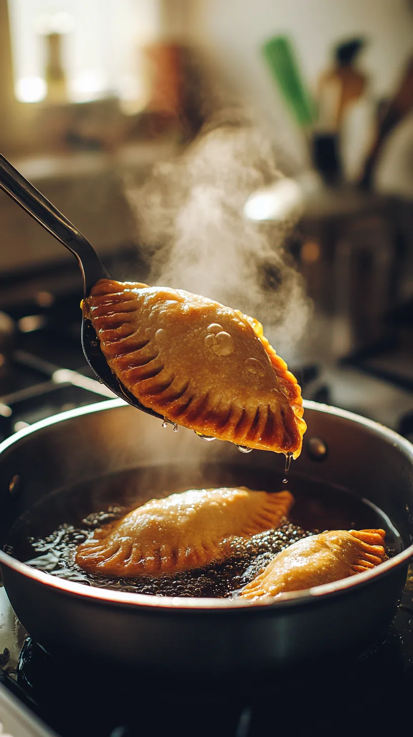 golden-brown empanadas being carefully lifted out of a pot of hot oil with a slotted spoon