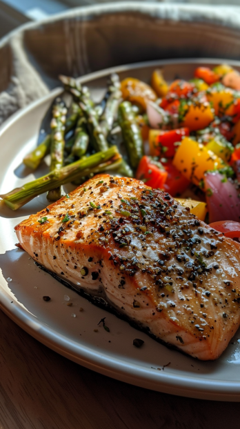 home-cooked plate of roasted vegetables and honey mustard salmon