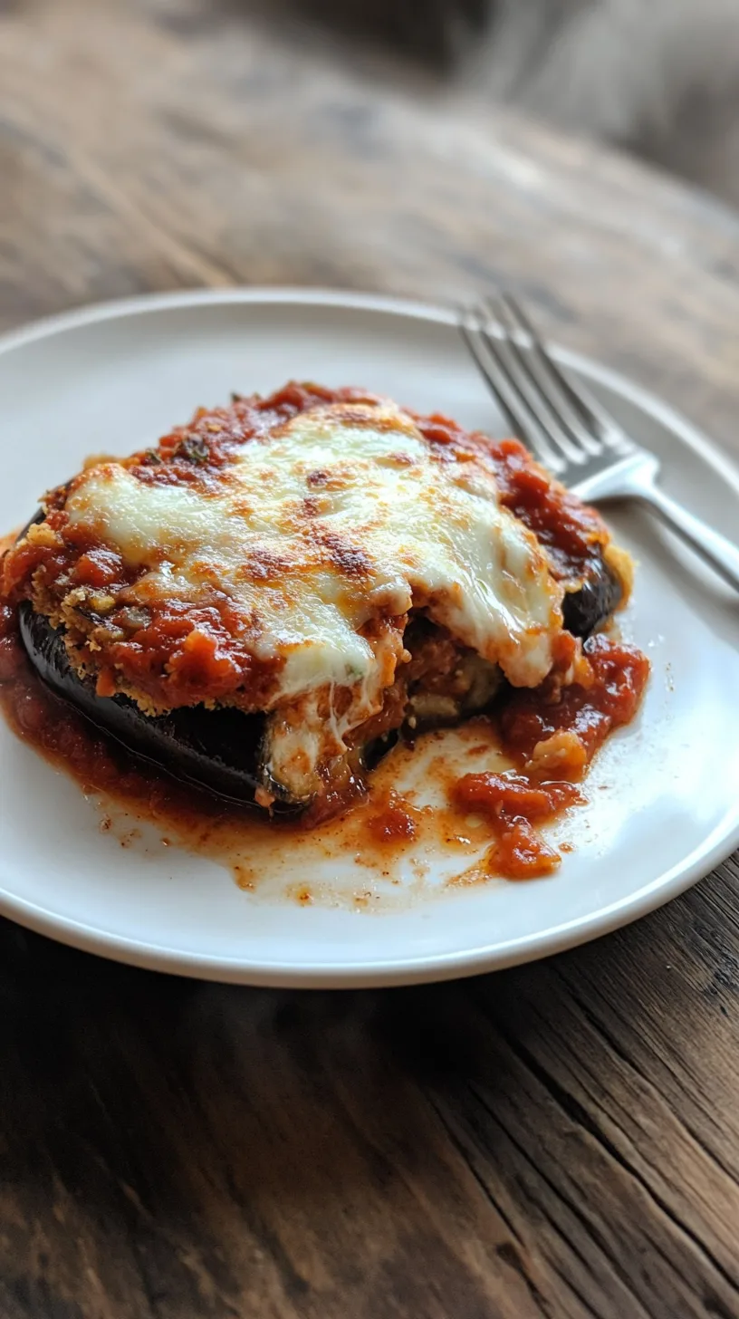 homemade eggplant parmesan on a white plate with a bite taken out