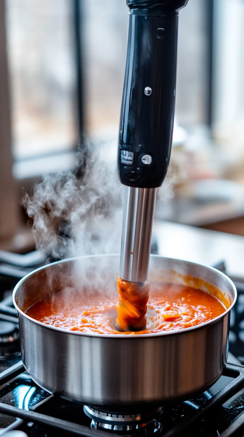 immersion blender blending hot tomato soup
