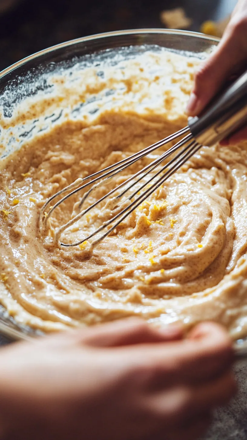 mixing almond flour pancake batter in a large glass bowl