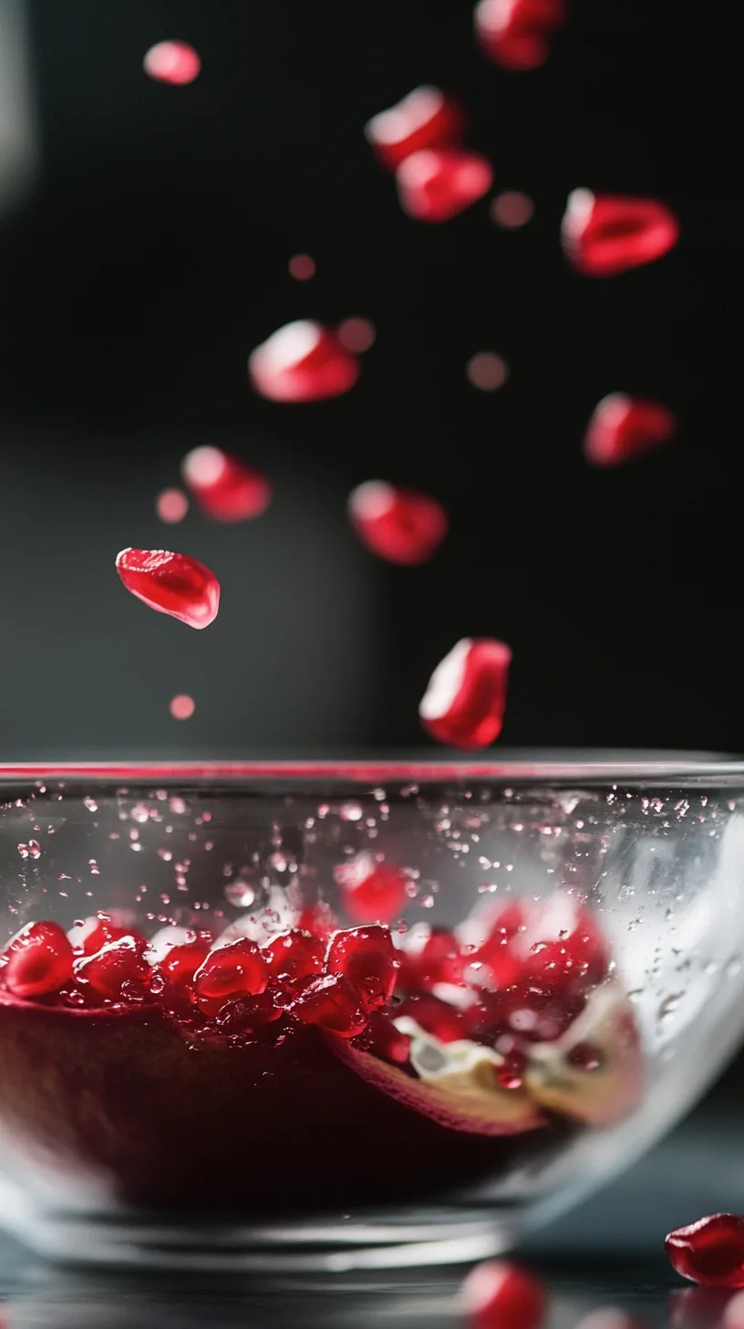 red pomegranate arils falling into the bowl