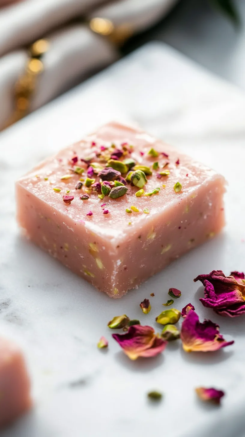 rose petal fudge sitting on a white marble surface