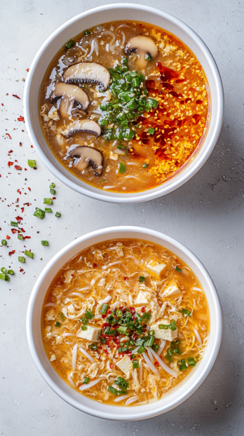 separate bowls of egg drop soup, each with different variations