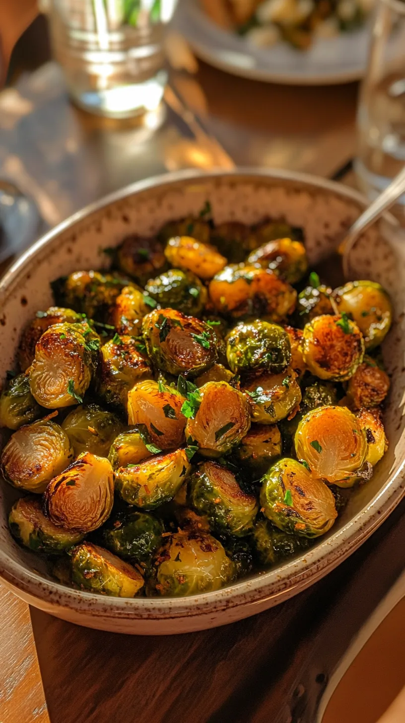 slightly worn ceramic dish filled with citrus roasted Brussels sprouts