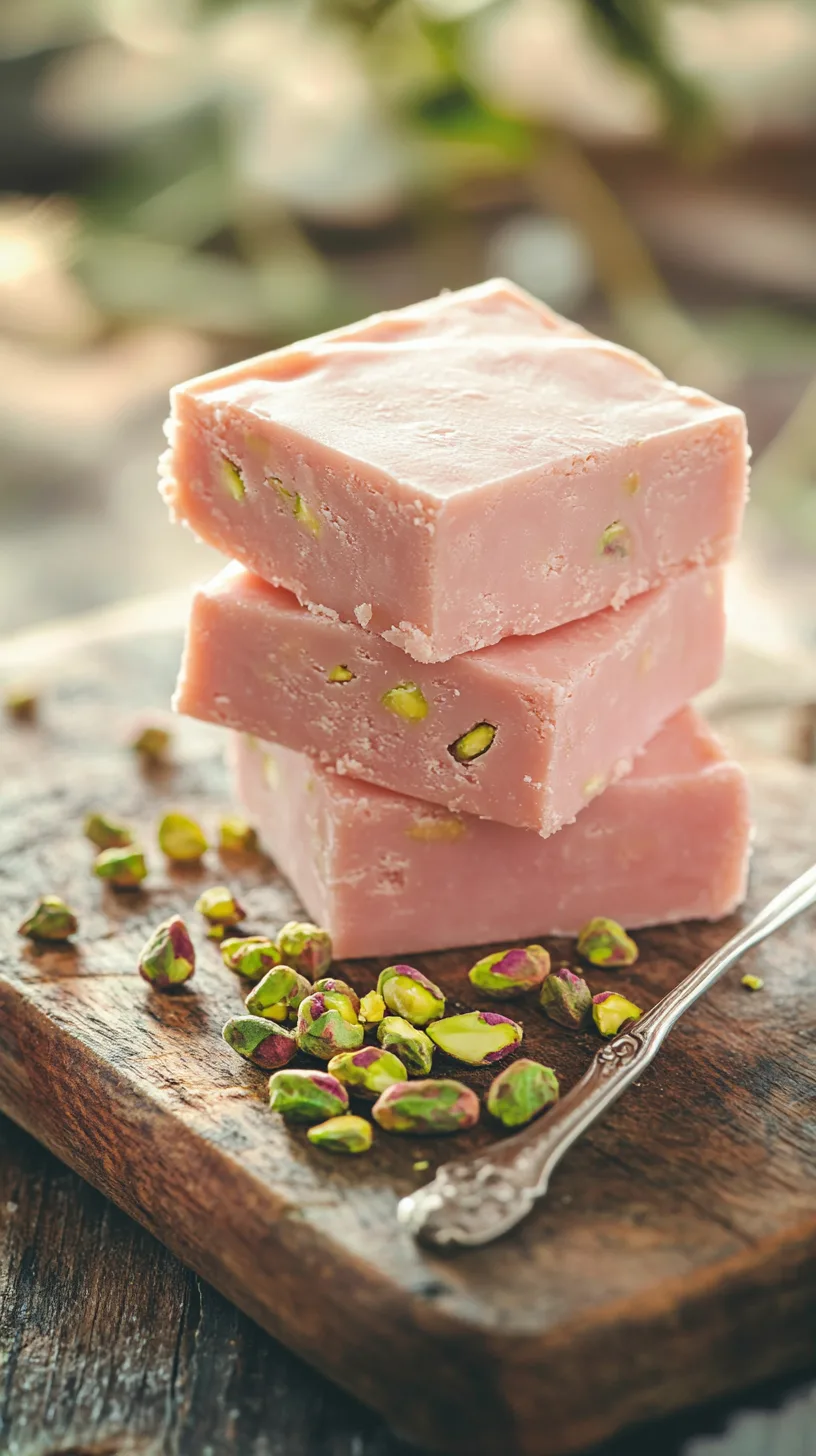 stack of three rose petal fudge squares on a rustic wooden cutting board