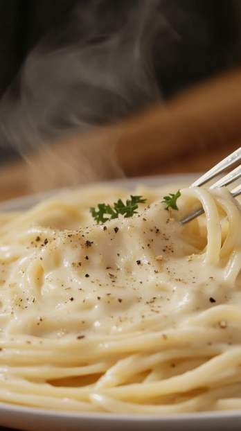 steaming pasta ribbons generously coated in creamy béchamel sauce