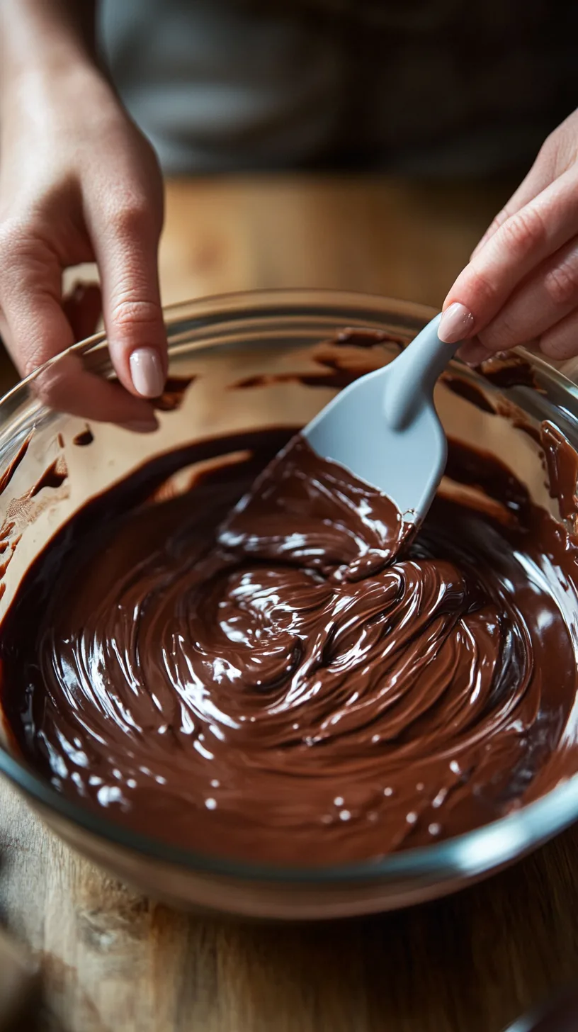 stirring melted dark chocolate in a glass bowl with a silicone spatula