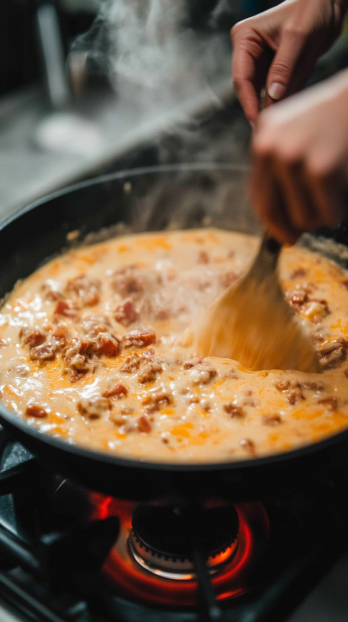 stirring the loaded queso dip in a large skillet on a stovetop