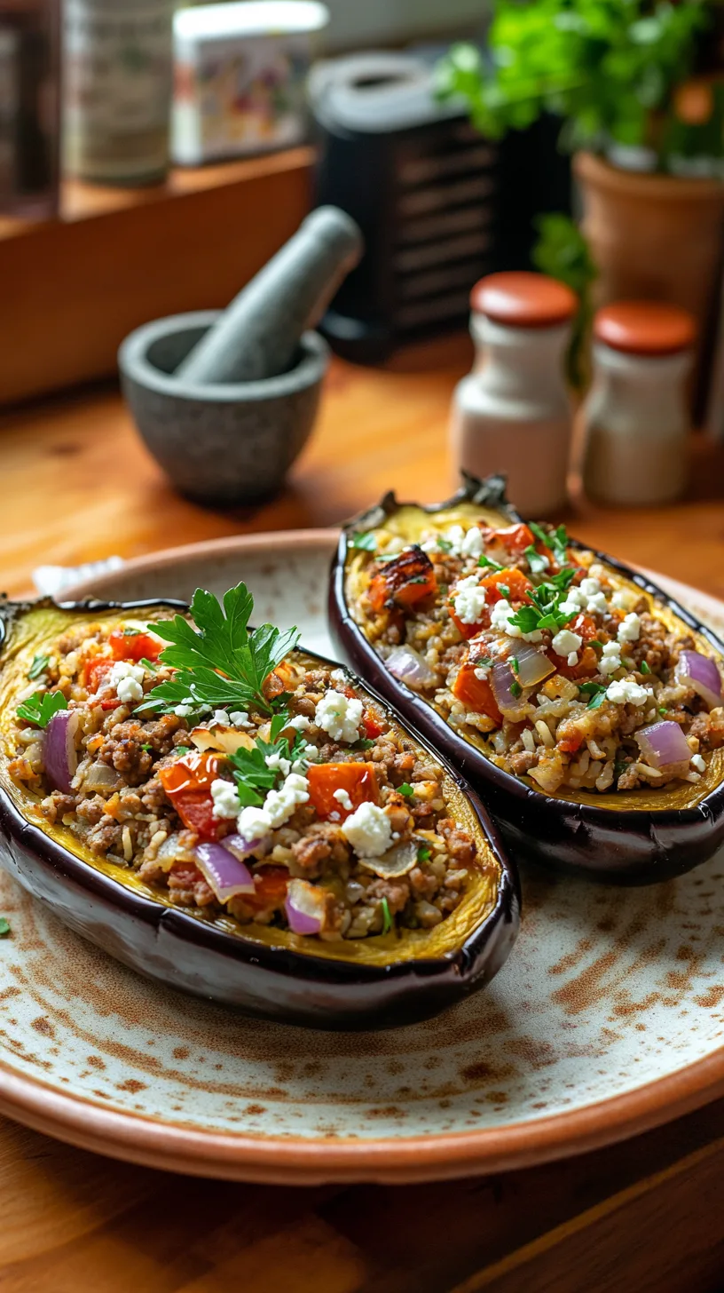 two halves of a large aubergine, stuffed to the brim with a colorful and flavorful mixture