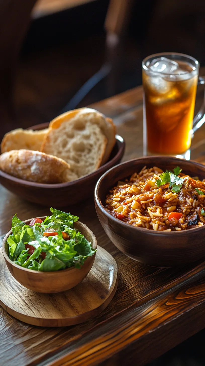 A rustic wooden table set with a bowl of Jambalaya