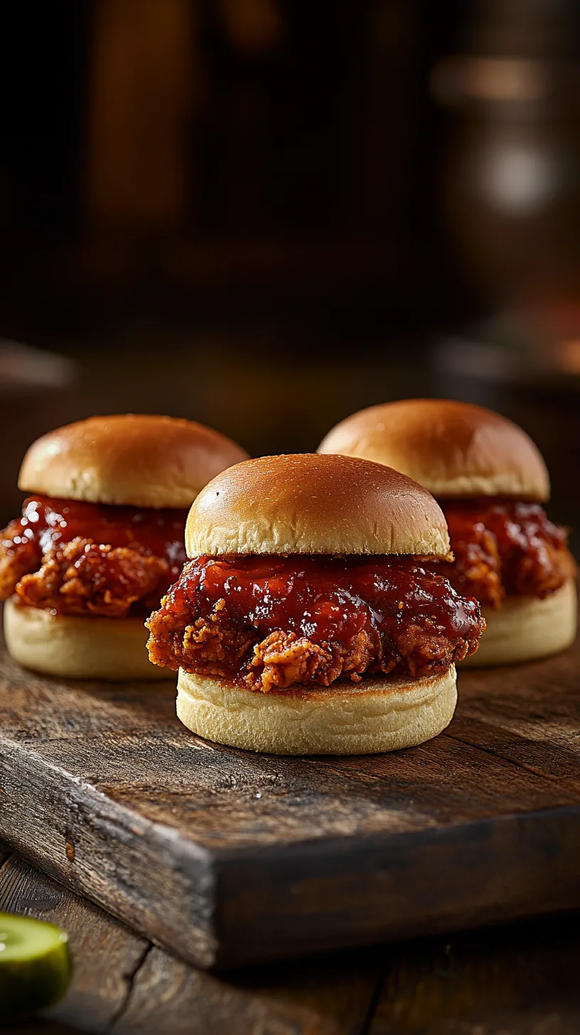Nashville Hot Chicken Sliders arranged on a rustic wooden cutting board